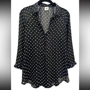CAbi Black Green Dot Chiffon 3/4 Sleeve Flared Blouse Shirt Top Womens XS